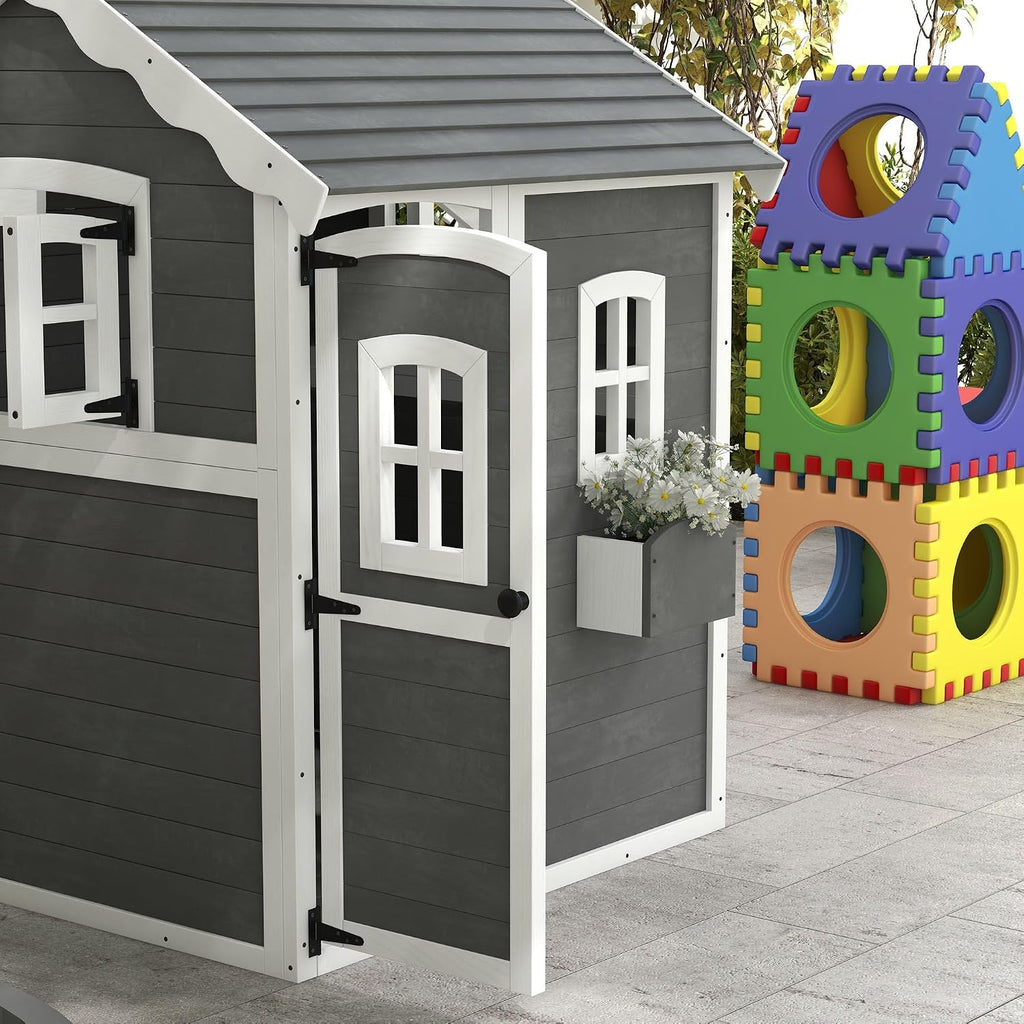 48x48x70in Kids' Outdoor Wooden Playhouse Includes Two Doors Two Windows Safety Floor and PlanterBox for Ages 3 to 8