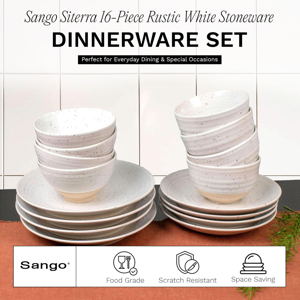 Siterra 16-Piece Rustic White Stoneware Dinnerware Set - Service for 4, White with Glossy Speckle Overlay