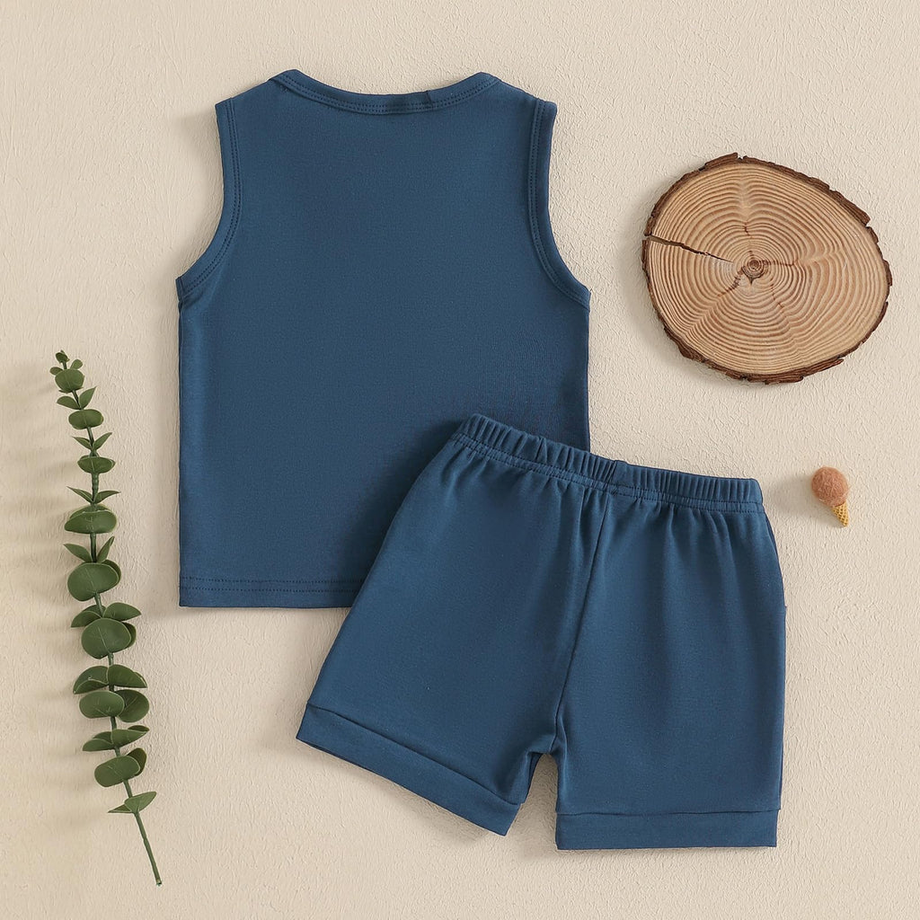 2Pcs Baby Boy Summer Clothes Infant Toddler Solid Color Sleeveless Tank Tops Shorts Set Blue