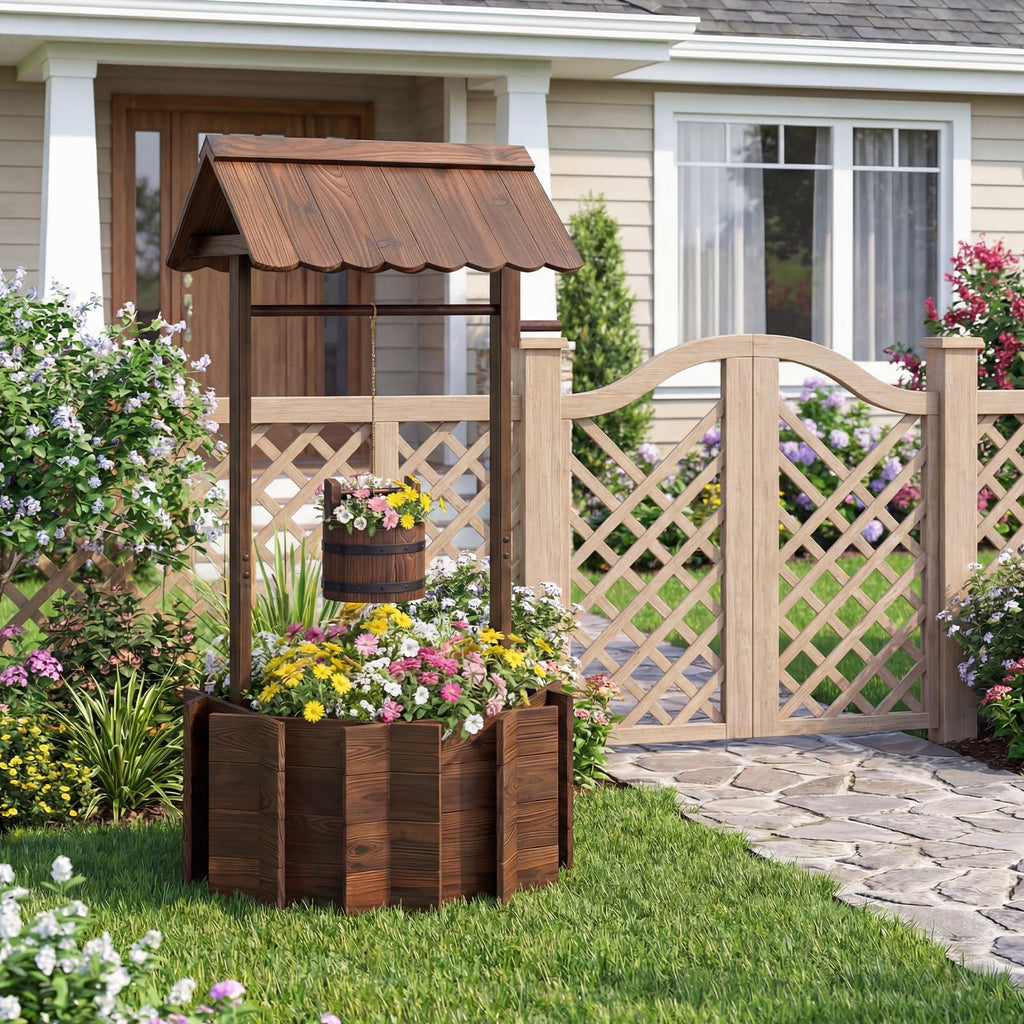 Wooden Wishing Well Outdoor, Wishing Well Planter with Hanging Bucket, Outside Rustic Decorations for Garden Yard &