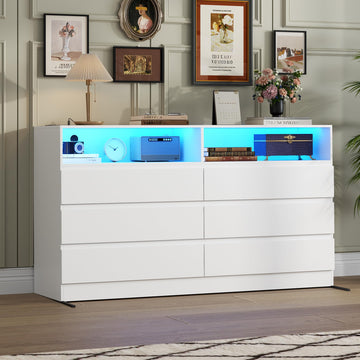 White 6 Drawers Double Dresser with Power Outlet & LED Light