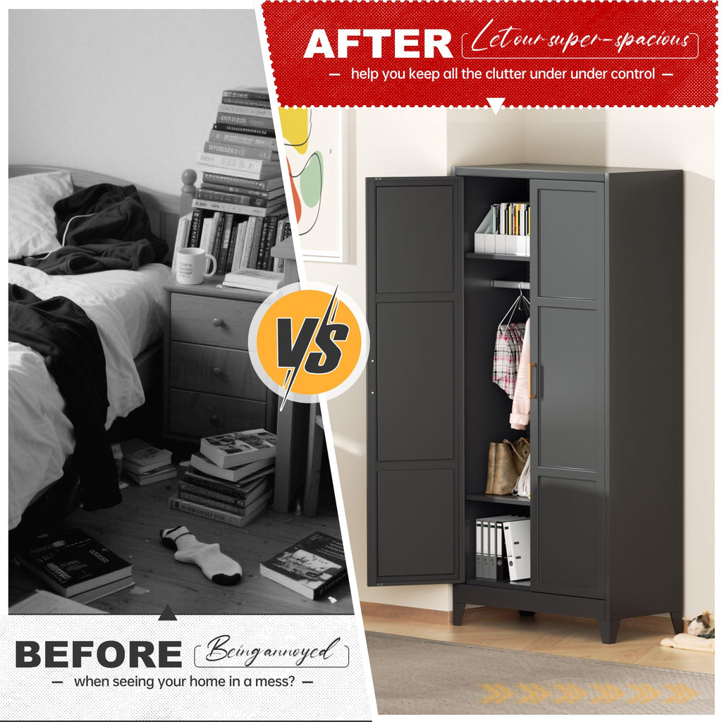 Metal Wardrobe Closet, 72" H Bedroom Armoires with Wooden Handle, Metal Cabinet with Adjustable Shelves and Hanging