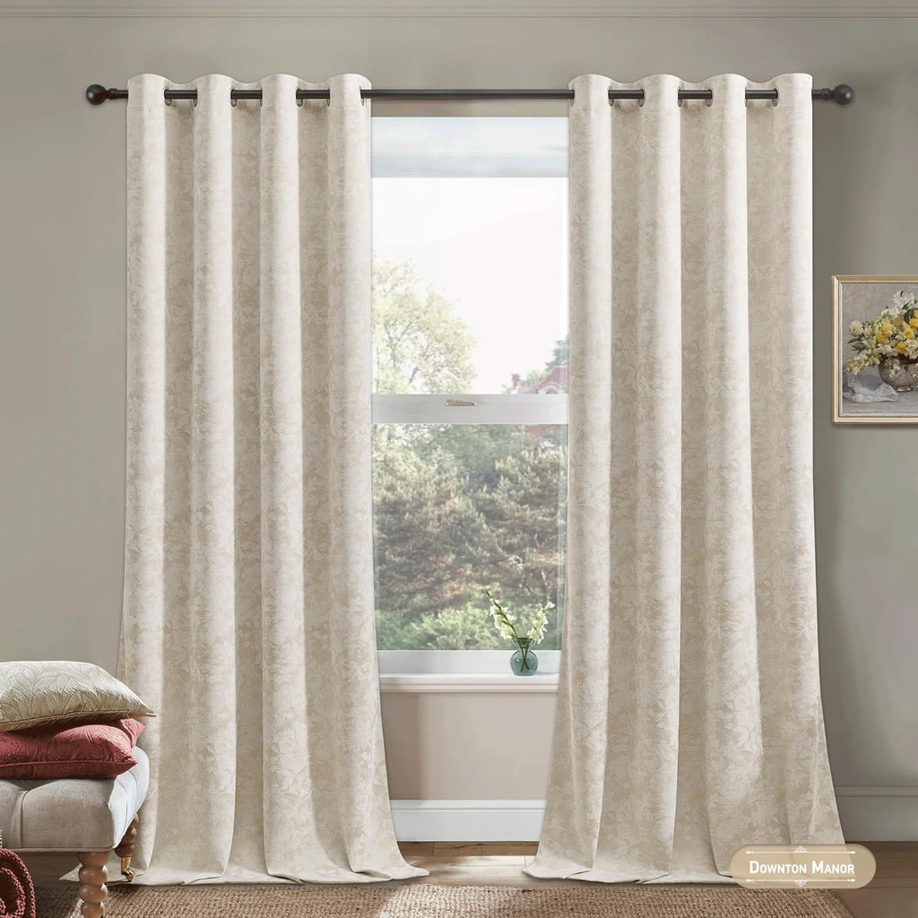 Beige Floral Jacquard Blackout Curtains 84 Inches Long 2 Panels for Bedroom Living Room Flower Chenille Room