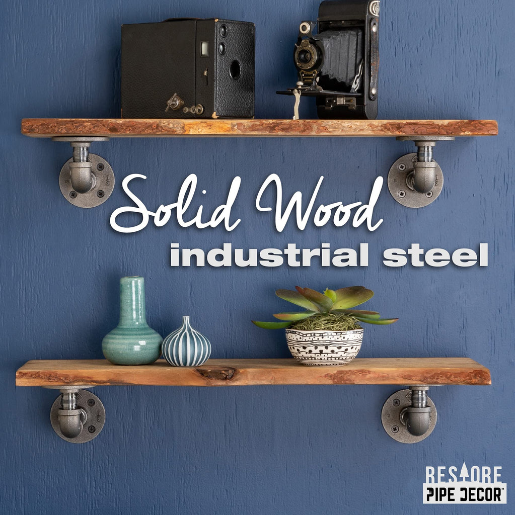 24" Trail Brown Live Edge Wood Shelf with Industrial L-Shaped Pipe Brackets (2-Pack)