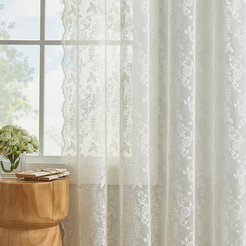 Lace Curtains 84 Inches Long - Rustic Branch Leaf Floral Patterned Ivory Sheer Lace Curtains, Scalloped Macrame