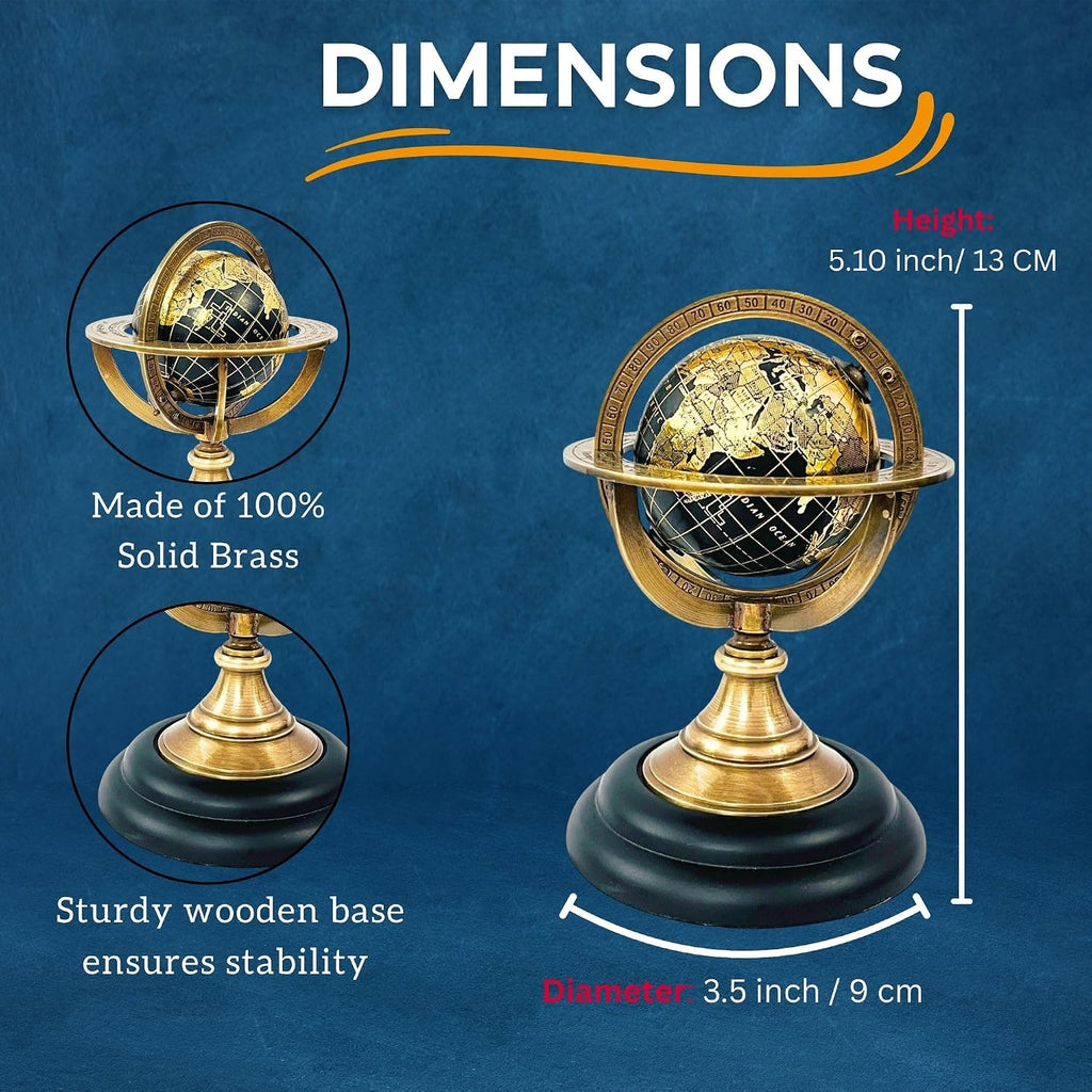 5.10" Nautical Brass Armillary Sphere World Globe with Jet Black Map & Black color Wooden Base - Elegant & Durable