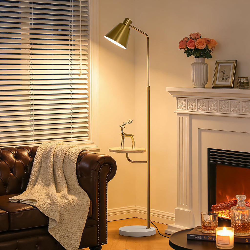 Gold Brushed Floor Lamp with Side Table Bedroom, Modern Standing Lamp 12W LED 3-Color Dimmable 3000K/4500K/6500K