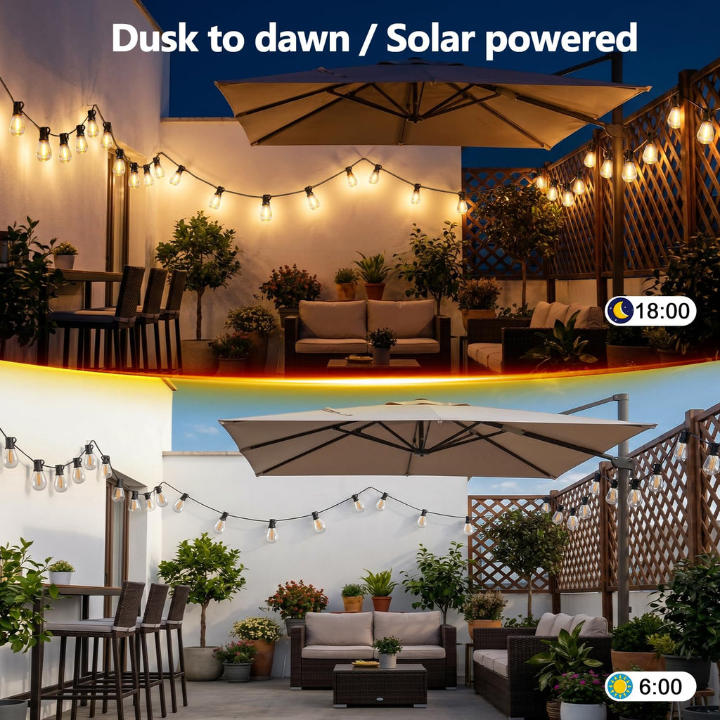 Solar String Lights Outdoor, IP65 Waterproof Shatterproof Dimmable LED Bulbs, Solar & USB Powered, 20+ Hrs Long