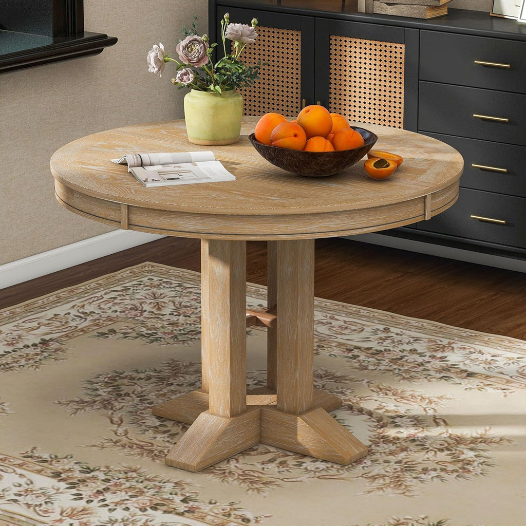 Farmhouse Expandable Round Dining Table, 42 to 56 Inch Vintage Solid Wood Kitchen Table with Removable Oval Leaf