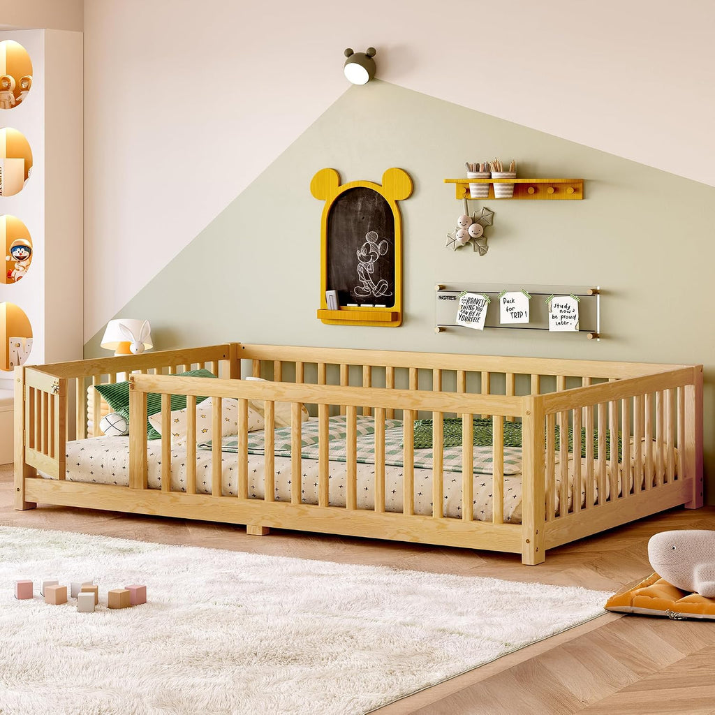 Floor Bed with Rails for Kids, Girls, Boys, Pine, Plywood Floor Bed with slats and Door, Natural