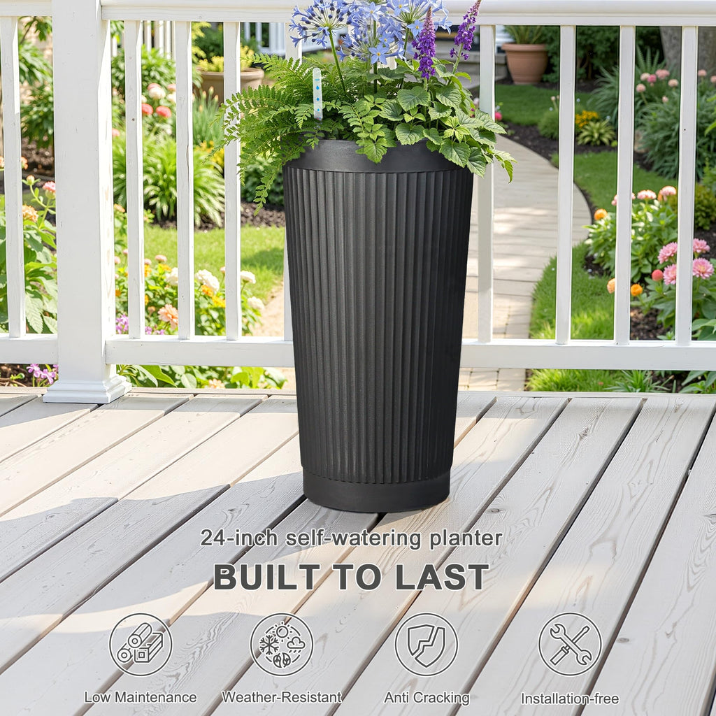 24" Self Watering Tall Black Planters Outdoor Set of 2