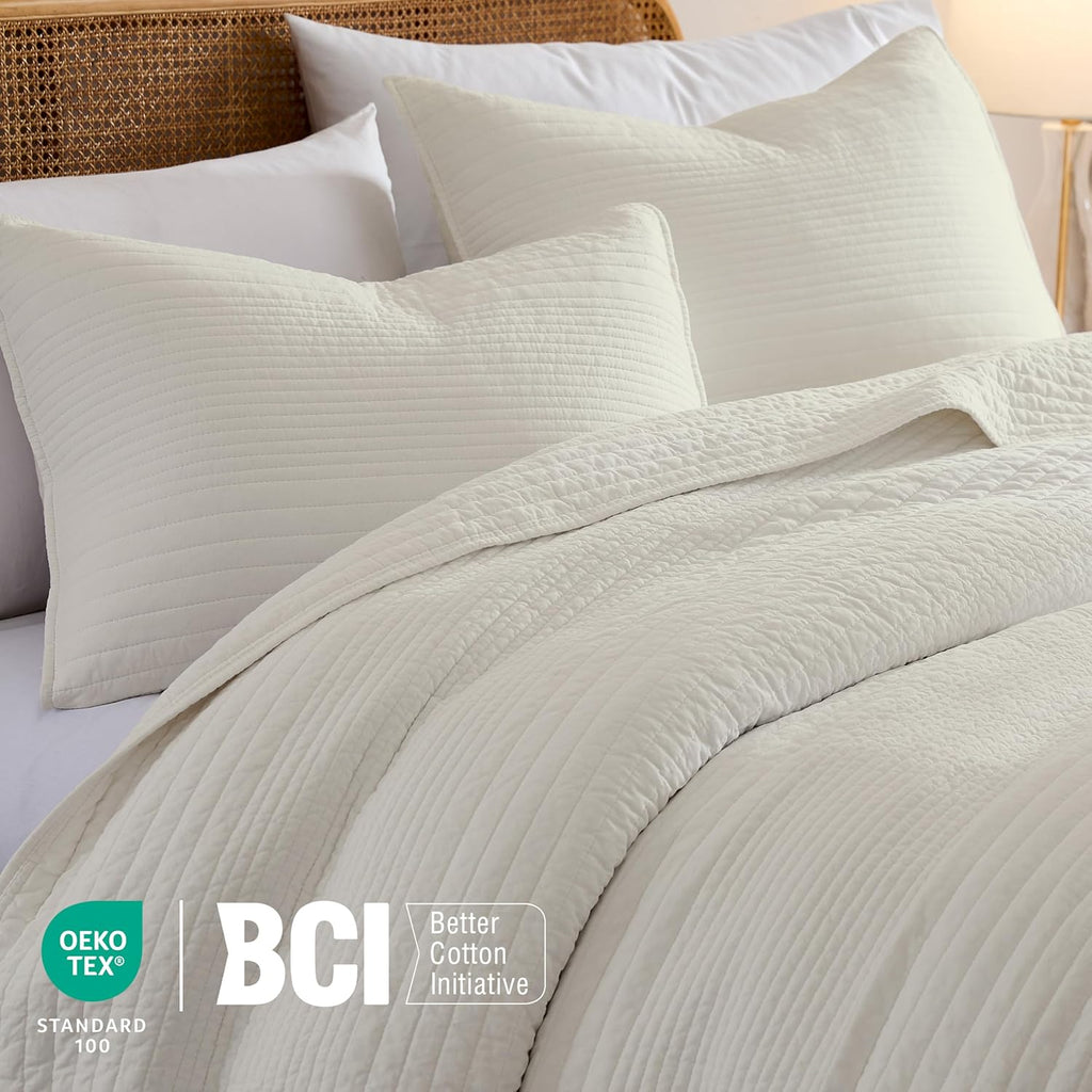 Striped Beige 100% Cotton Quilt King Bedding Sets, Lightweight Crinkly Channel Pick Stitch Textured Bedspread Soft