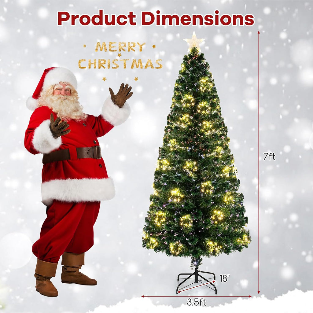 7ft Pre-Lit Fiber Optic Christmas Tree, Artificial Lighted Xmas Tree with 48 Warm-White Shape-Adjustable Star String