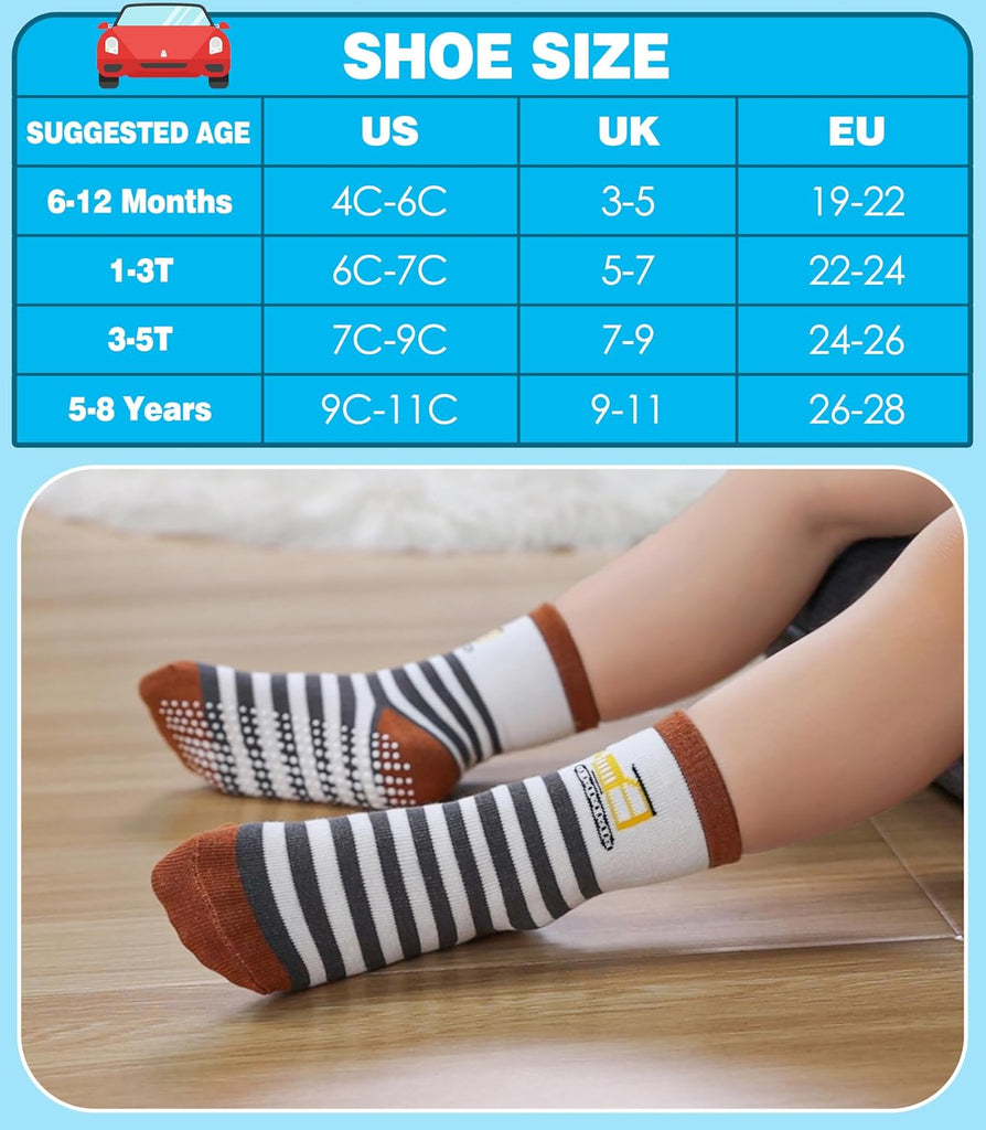 Toddlers Boys Non Slip Grip Socks Crew Cotton Socks with Grippers - 12 Pairs