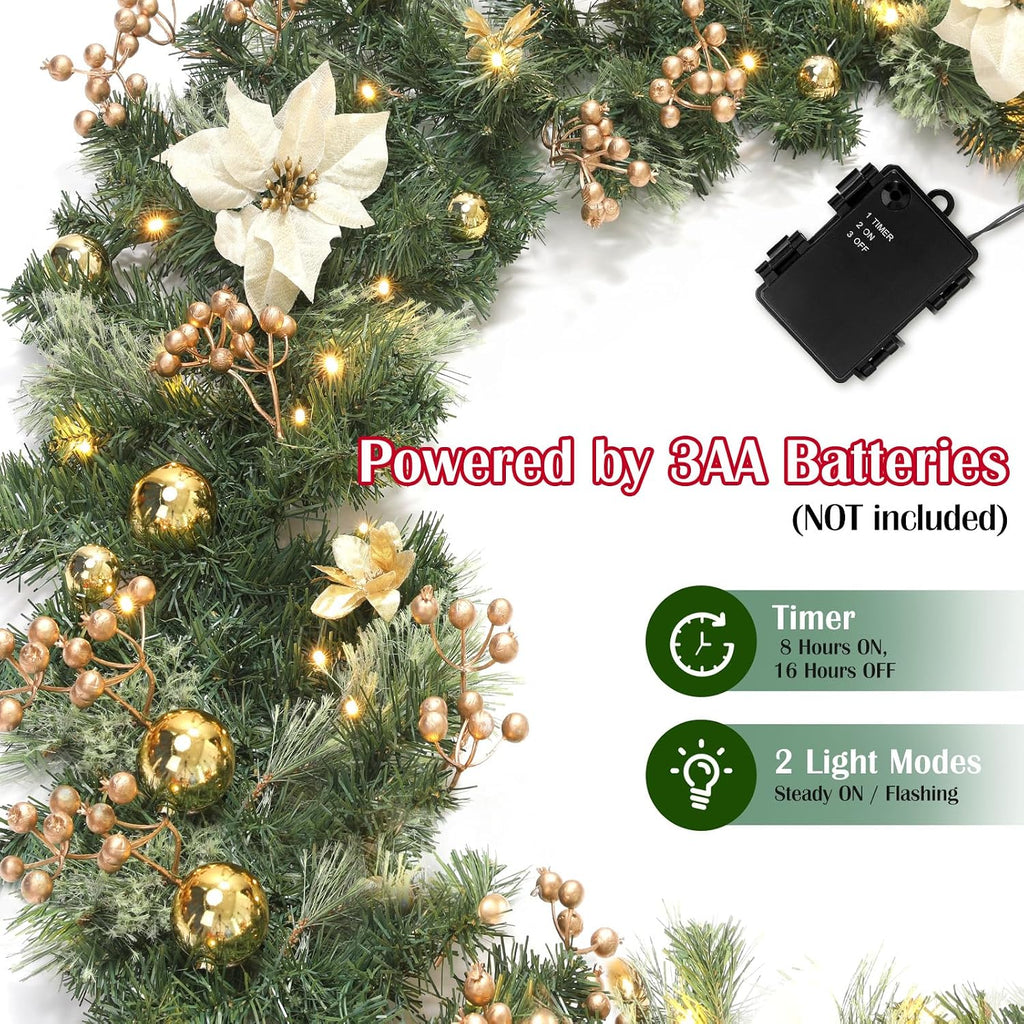 9FT Prelit Christmas Garland for Mantle, Gold Poinsettia, 50 LED