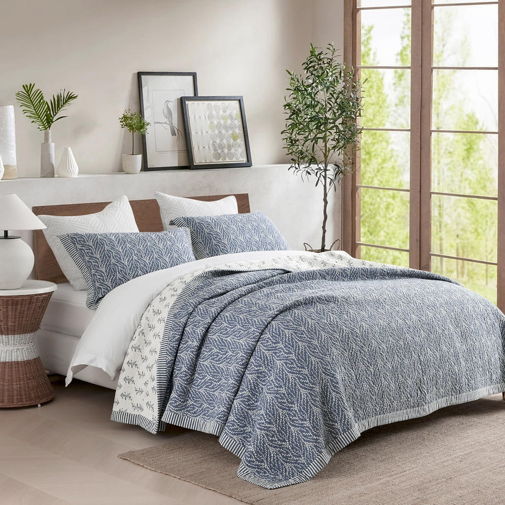 Quilt Set, 100% Cotton Quilt Bedding Set Bedspread, Botanical Pattern Solid Color Chic Lightweight Quilted