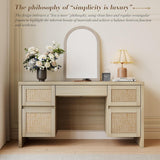 Executive Desk with 5 Drawers, 57" Modern Rattan Home Office Desk with Charging Station, File Drawer