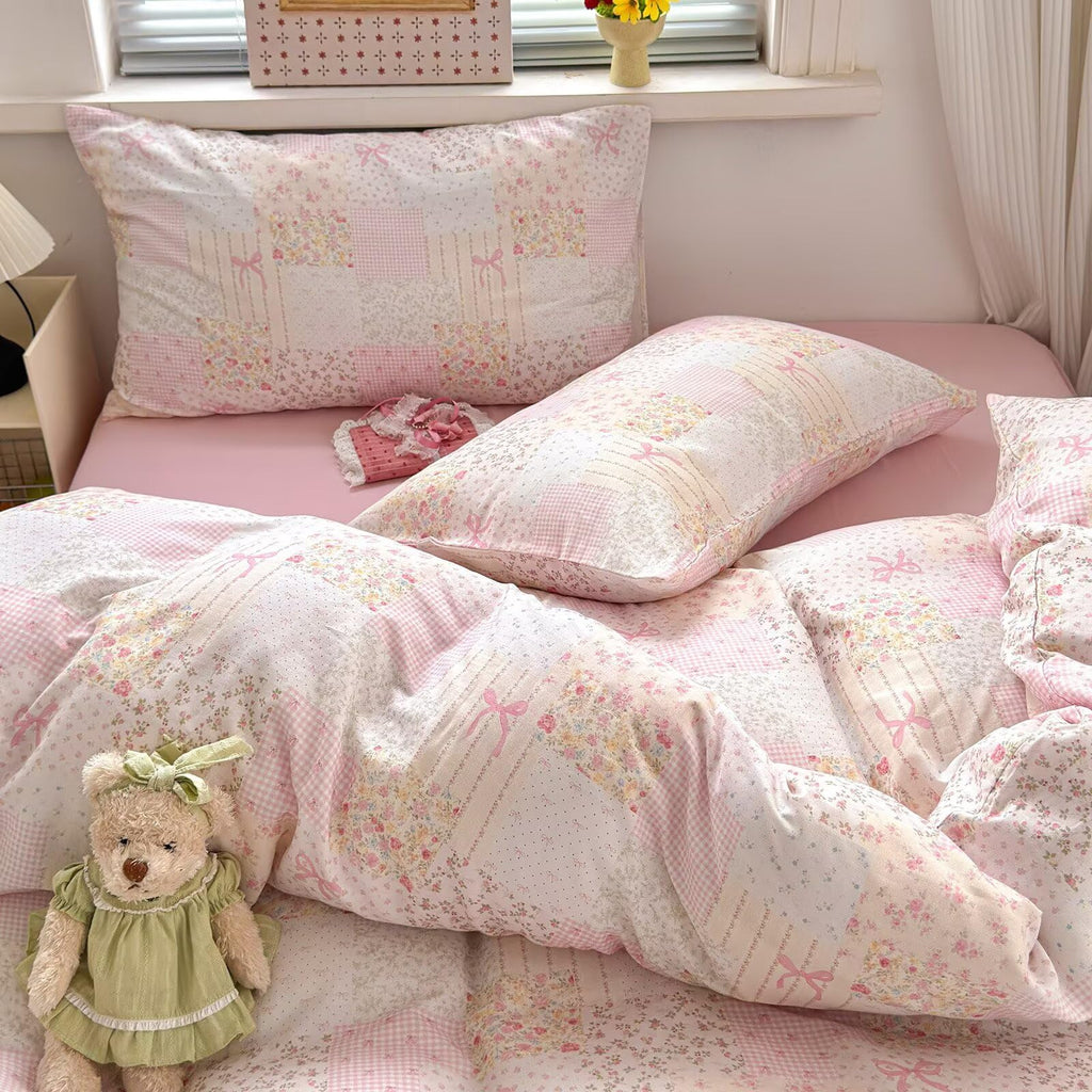 Pink Duvet Cover Full Size 100% Cotton Muslin Cute Patchwork Bedding Set for Teen Girls Women, Soft Comfy Double Gauze