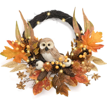 18'' Fall Wreath for Front Door with Owl Pumpkin