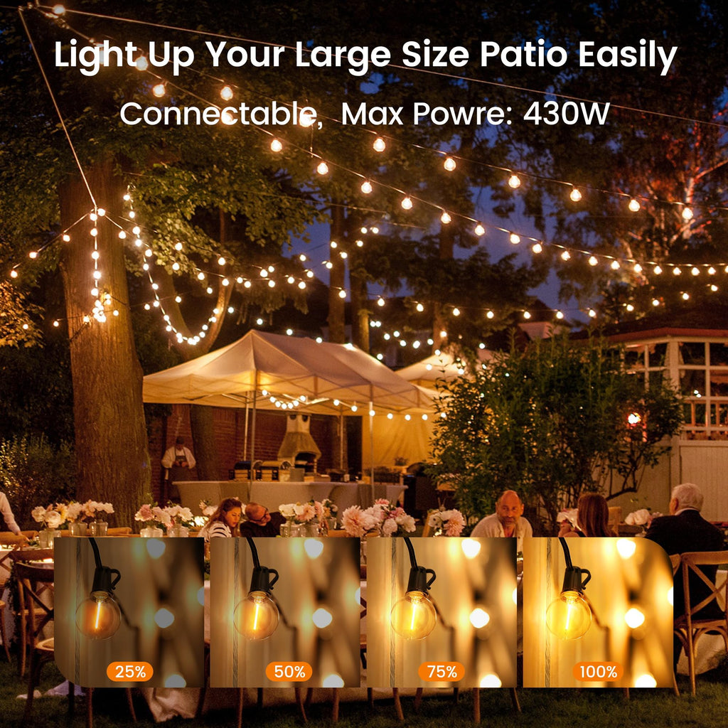Outdoor String Lights, LED Patio Lights with 82 Dimmable Plastic G40 Globe Bulbs 2 Spares, 2200K Waterproof