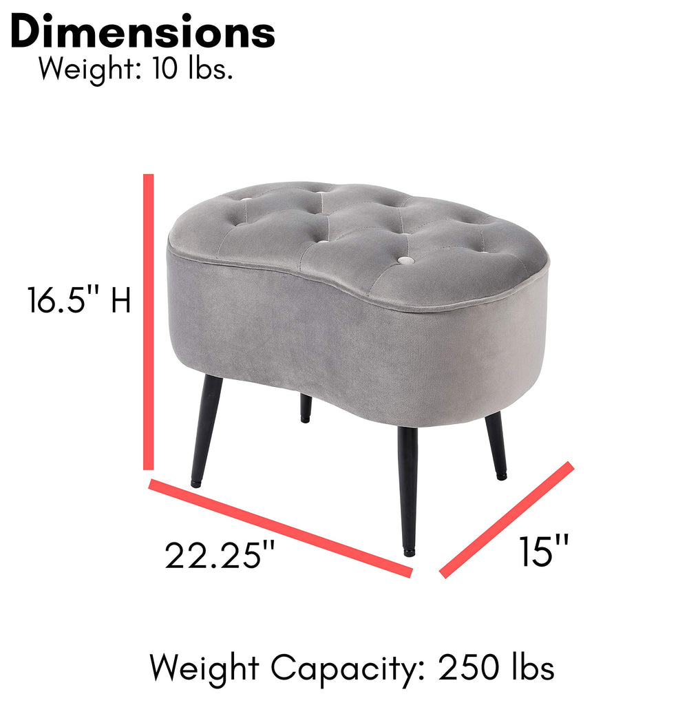Tufted Oblong Velvet Ottoman - Mid Century Modern Upholstered Foot Rest with Steel Legs - Soft Padded Foot Stool