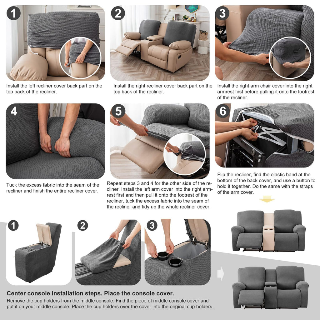 Recliner Loveseat Covers with Console, 2 Seater, Beige