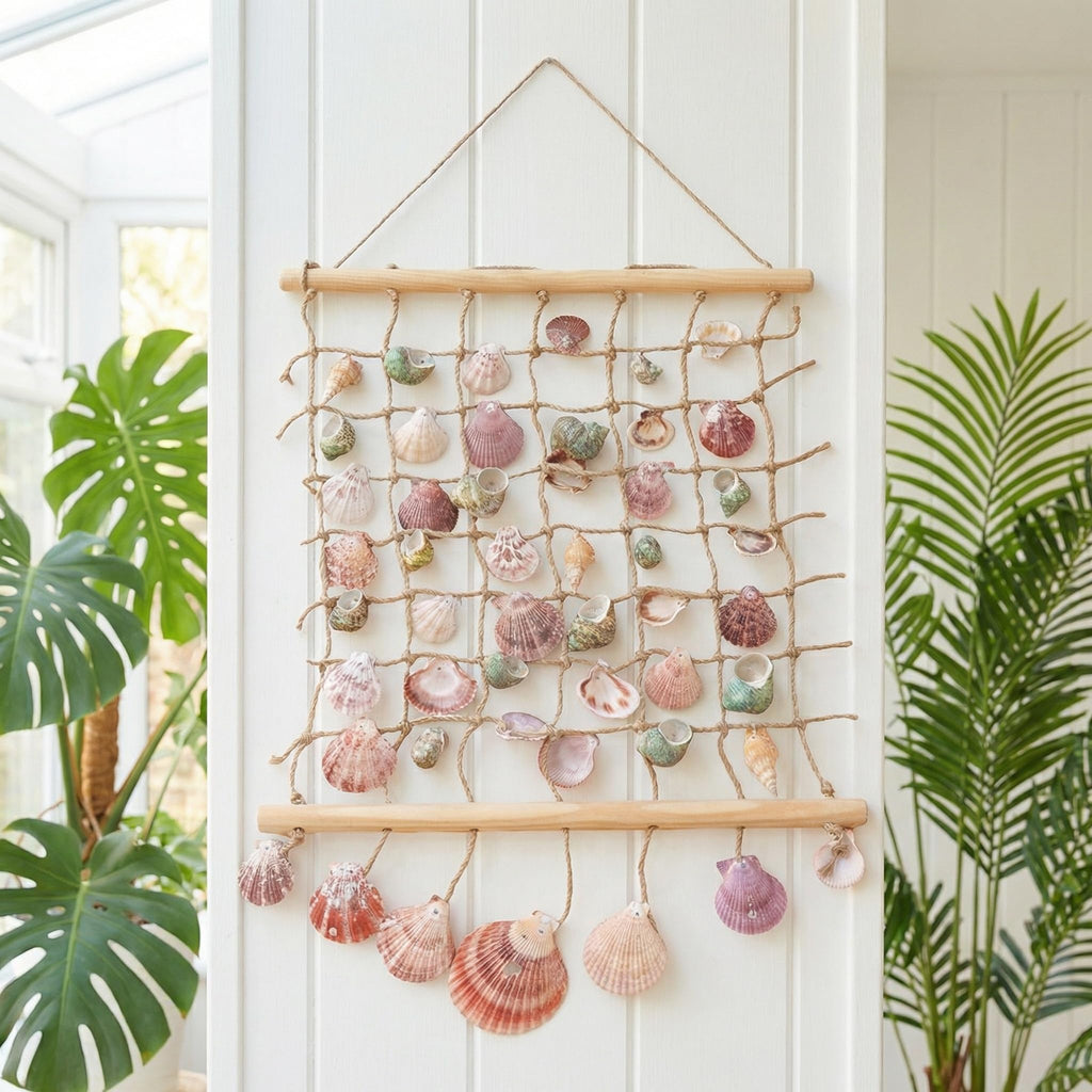 Sea Shell Wall Hanging Decor: Beach Ocean Macrame Wall Hanging Seashell Decor Coastal Beach Themed Room - 20x15 Inch