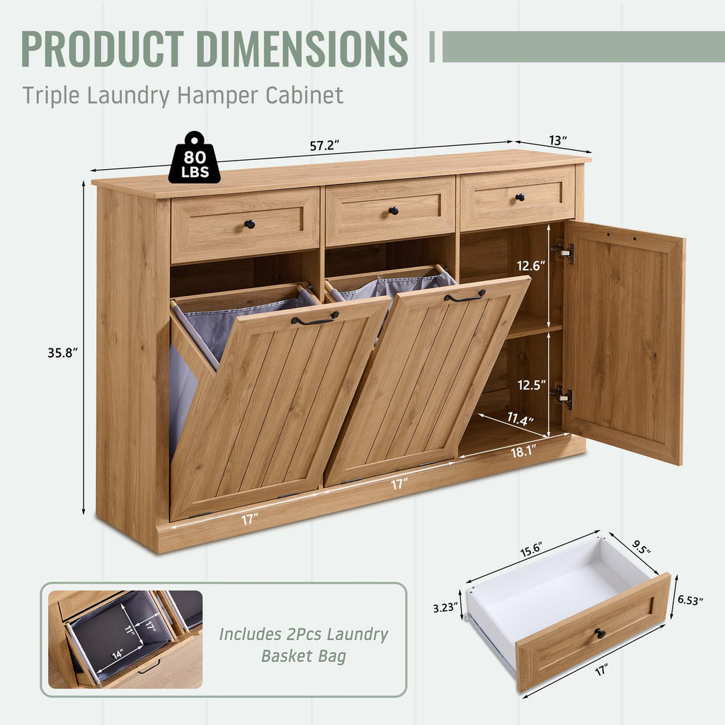 Triple Tilt Out Laundry Hamper Cabinet, Trash Cabinet, Natural