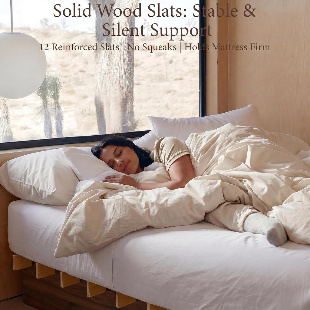 Wood Platform Bed Frame, Platform Bed Frame with Wooden Slats, 10 Min Tool Free Assembly, Japanese