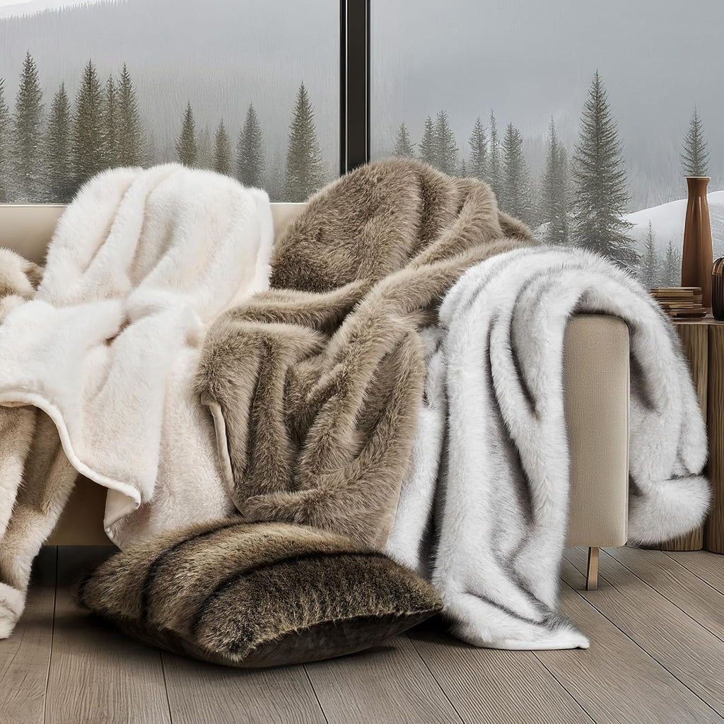 Luxury Faux Fur Throw Blanket, 50"x60", Natural Mink | Fluffy Faux Mink Blanket, Soft Cozy Plush, Thick Warm Winter