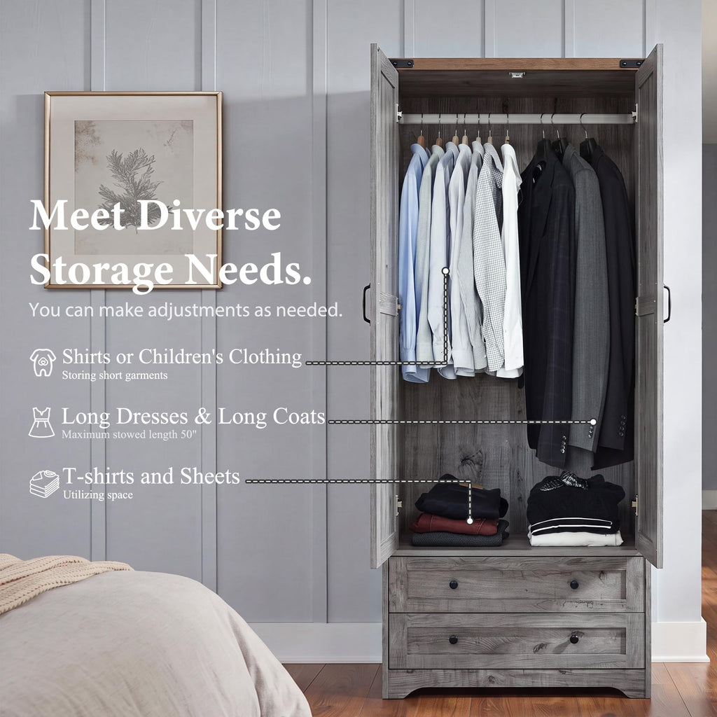 71" Wooden Armoire Wardrobe Closet Set of 2, 4 Doors & 4 Drawers