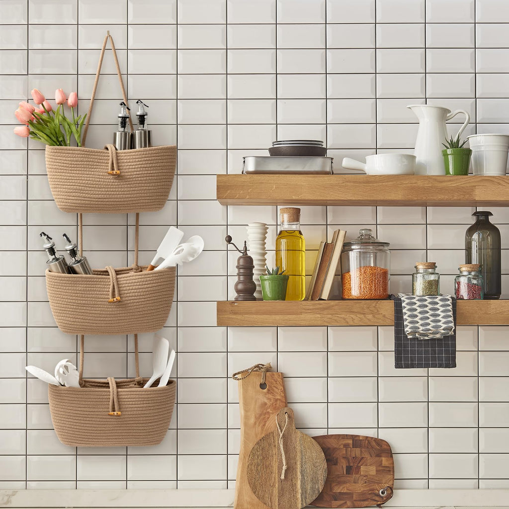3-Tier Cotton Rope Baskets with Button Strap Over the Door Wall Hanging Baskets, Door Storage Organizer for