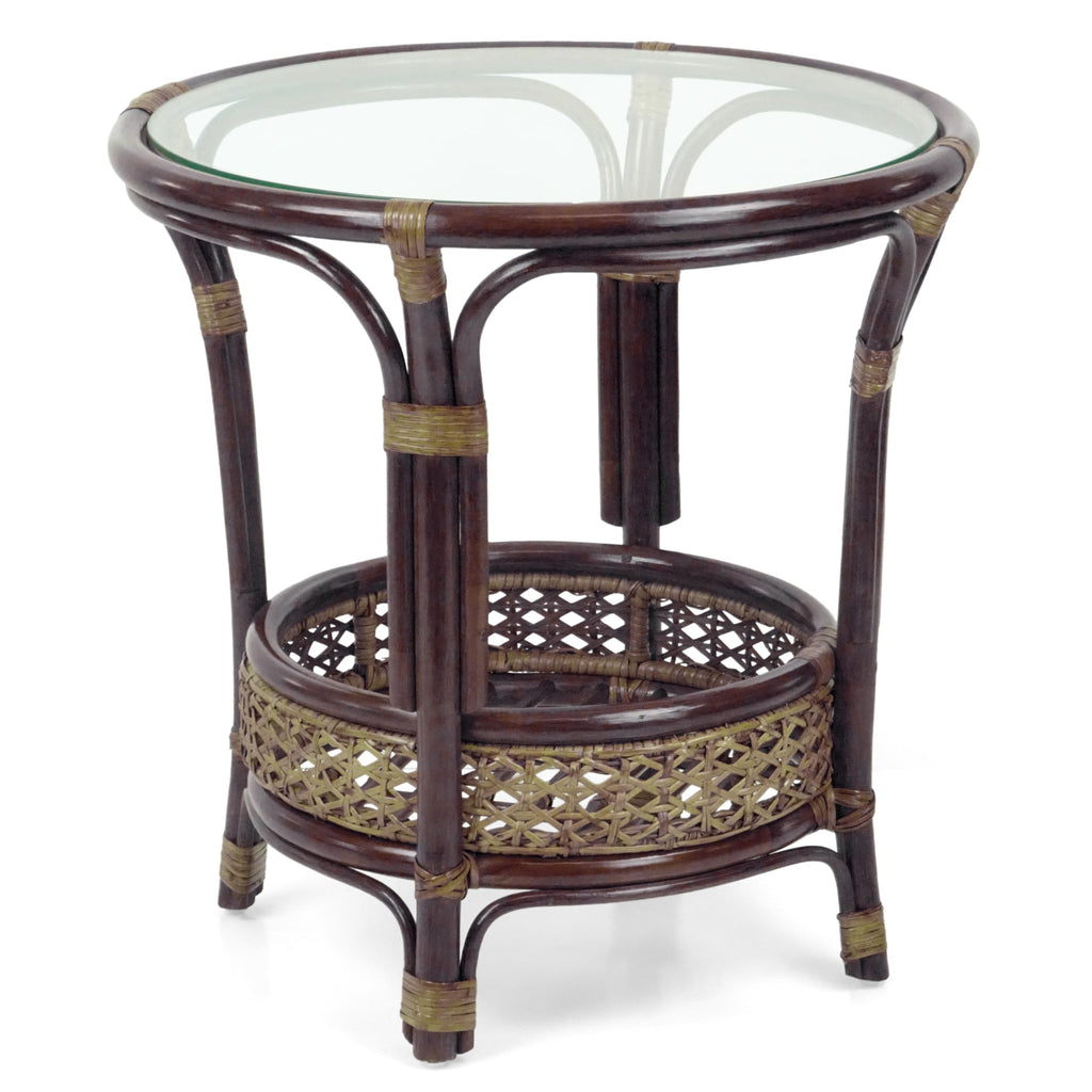Pelangi Coffee Round Table Dark Brown Color Handmade ECO Natural Rattan Wicker with Glass Top
