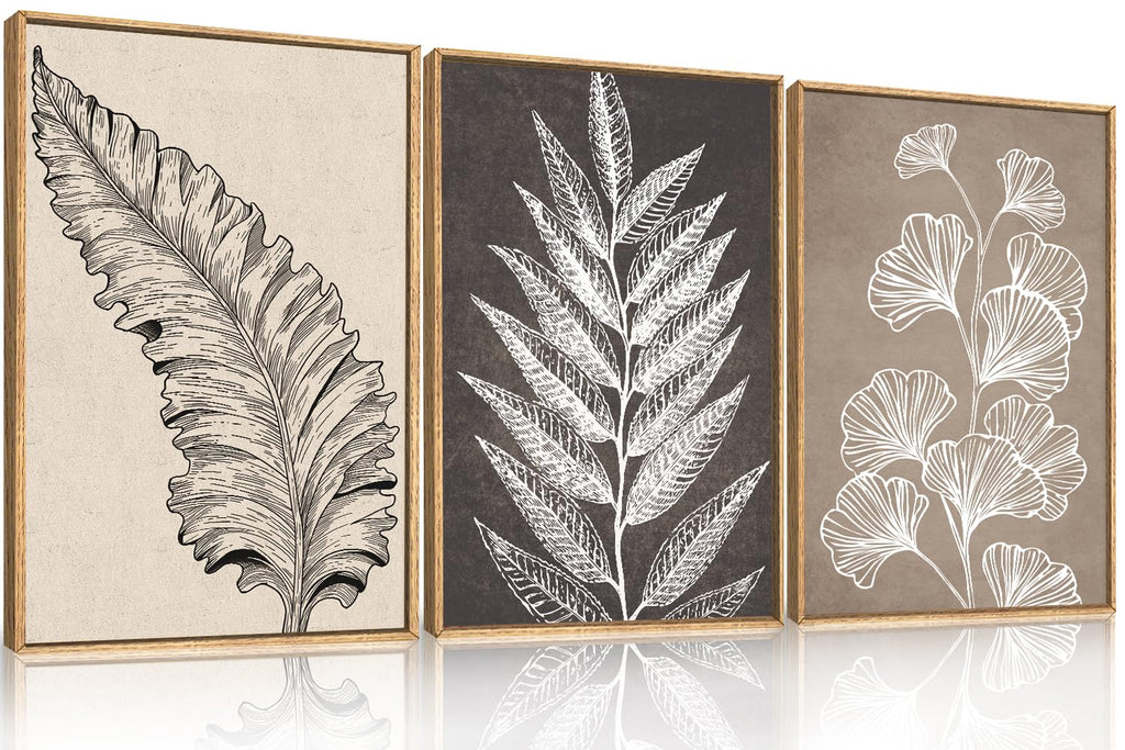Large Boho Fern Leaf Botanical Framed Canvas Wall Art Set, Vintage Abstract Brown Beige Leaves Flower Wall Decor