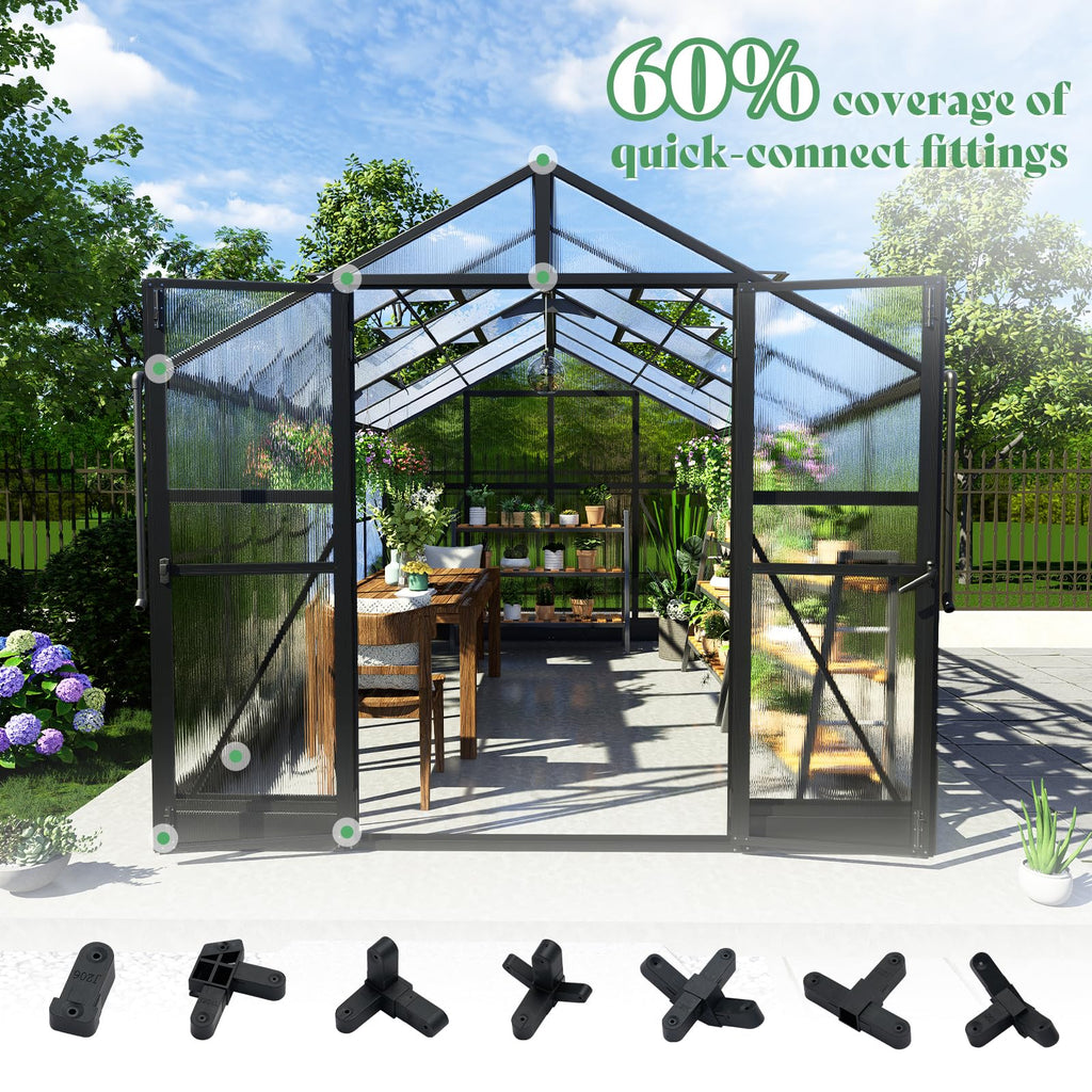 8x12x7FT Polycarbonate Greenhouse, Walk in Greenhouse with Quick-Connect System, Green House with 4 Vent Windows and