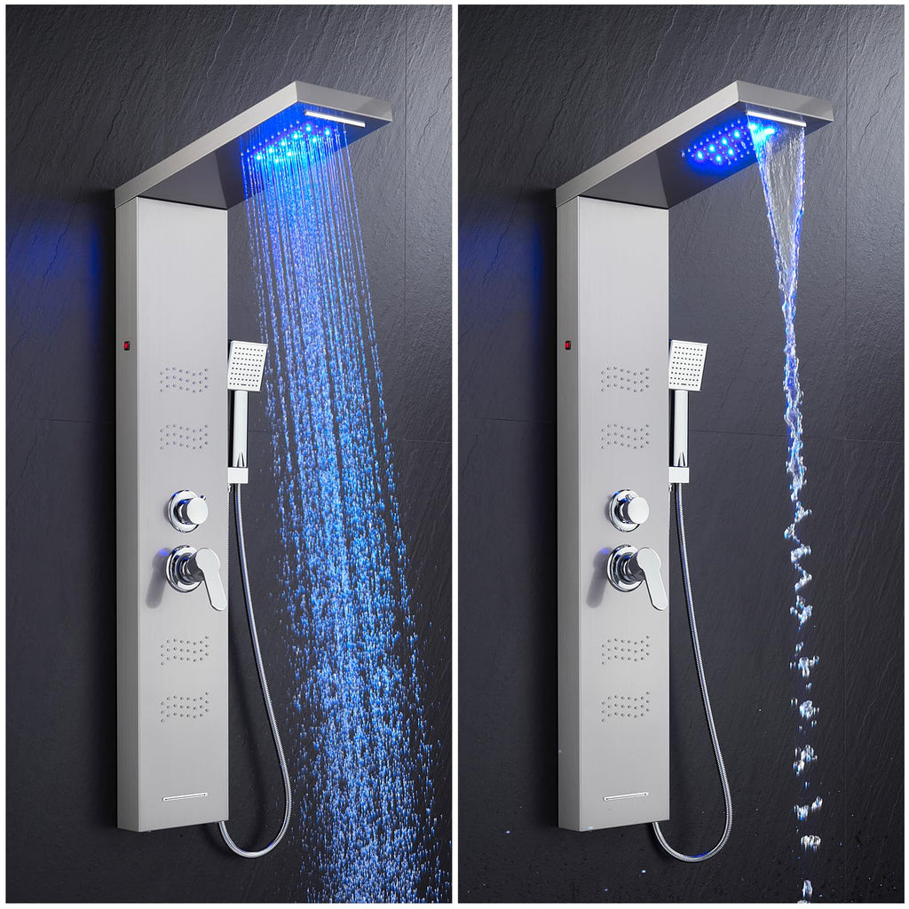 Shower Panel Tower System with LED Lights, Brushed Stainless Steel