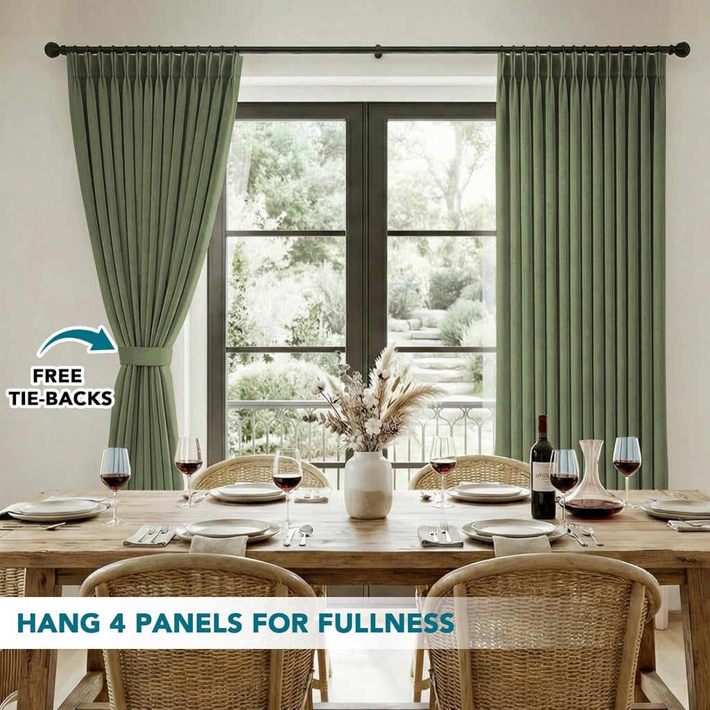 Pinch Pleated Faux Linen Curtains 90" Olive Light Filtering Drapes | Memory Shape, Jacquard Texture, Enhanced Privacy