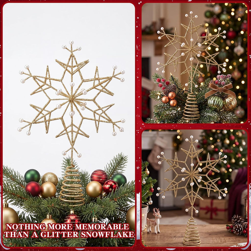 12.6 Inch Snowflake Christmas Tree Topper, Golden Glitter with Pearl