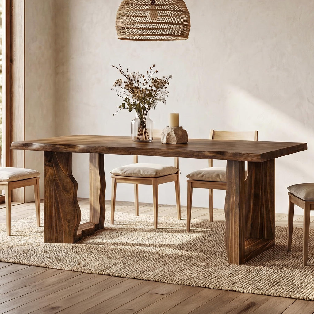 63" Live Edge Solid Wood Dining Table, Modern Rustic Kitchen Table with Sculptural Legs, 6-Person Rectangular Dinner