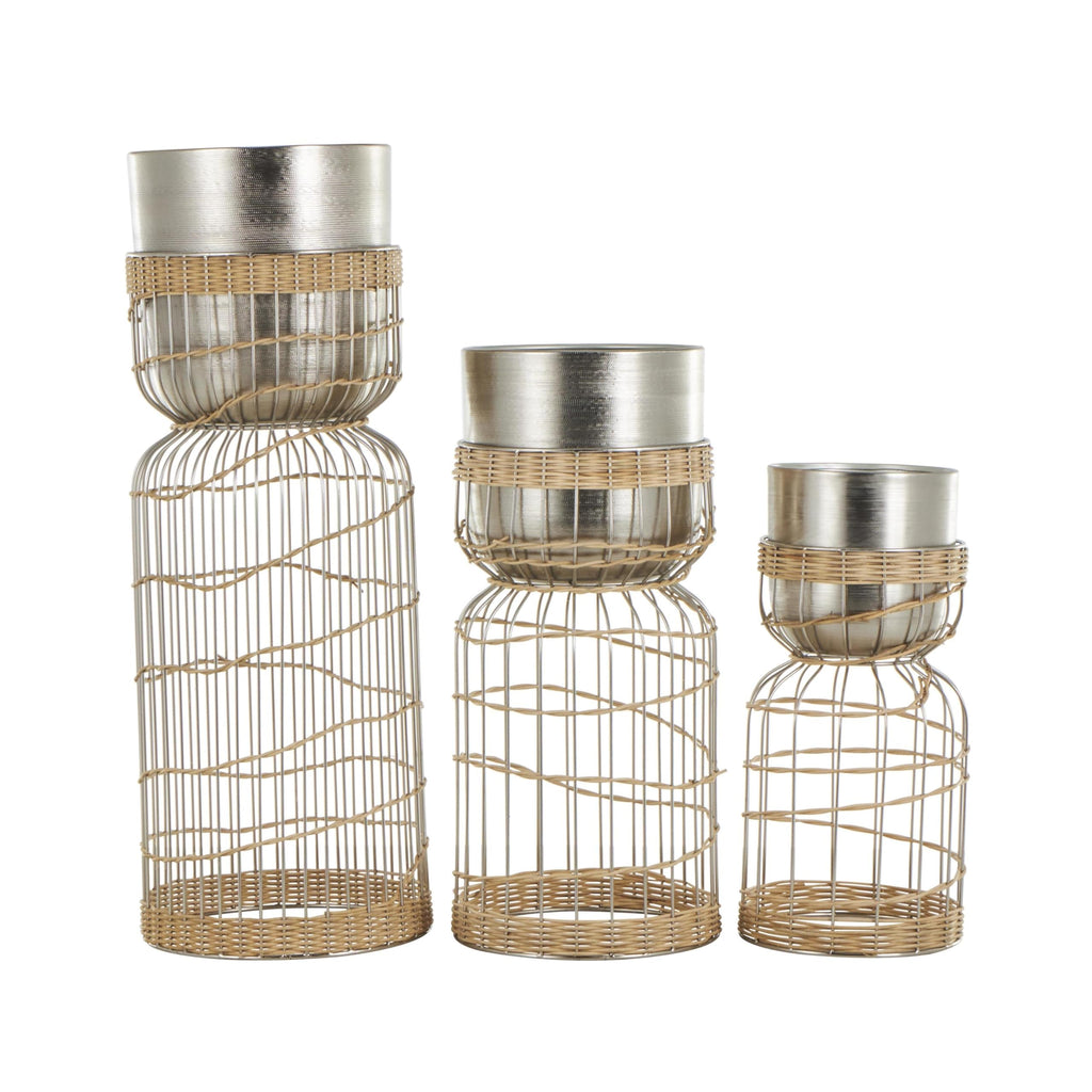 Metal Indoor Planter Textured Dome Large Planter Pot with Woven Rattan and Caged Rod Pedestal Base, Set of 3 Planters