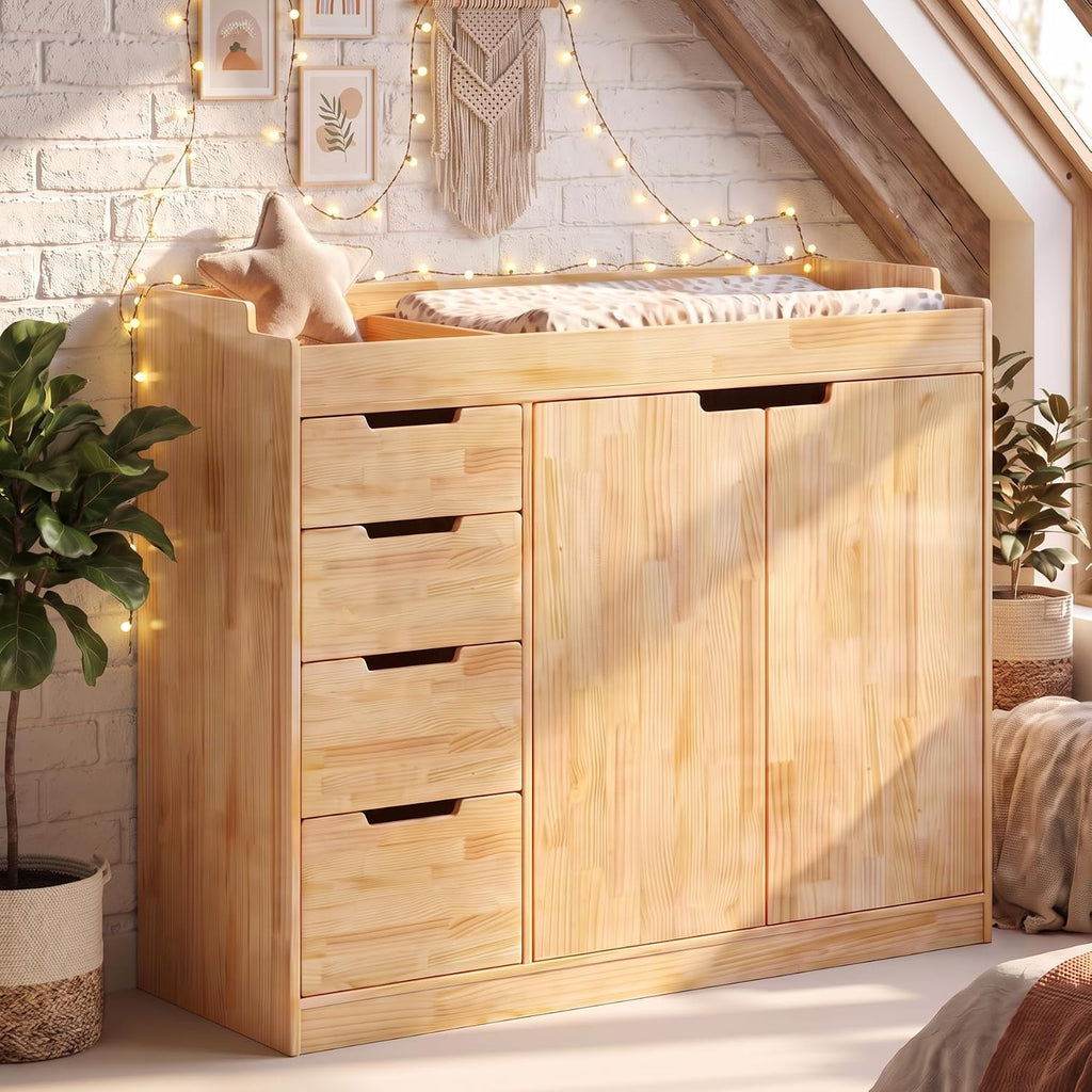 47.2" Solid Wood Baby Changing Table Dresser, Natural | 4 Drawers and 2 Doors, Changing Table Top, Safety Guardrails