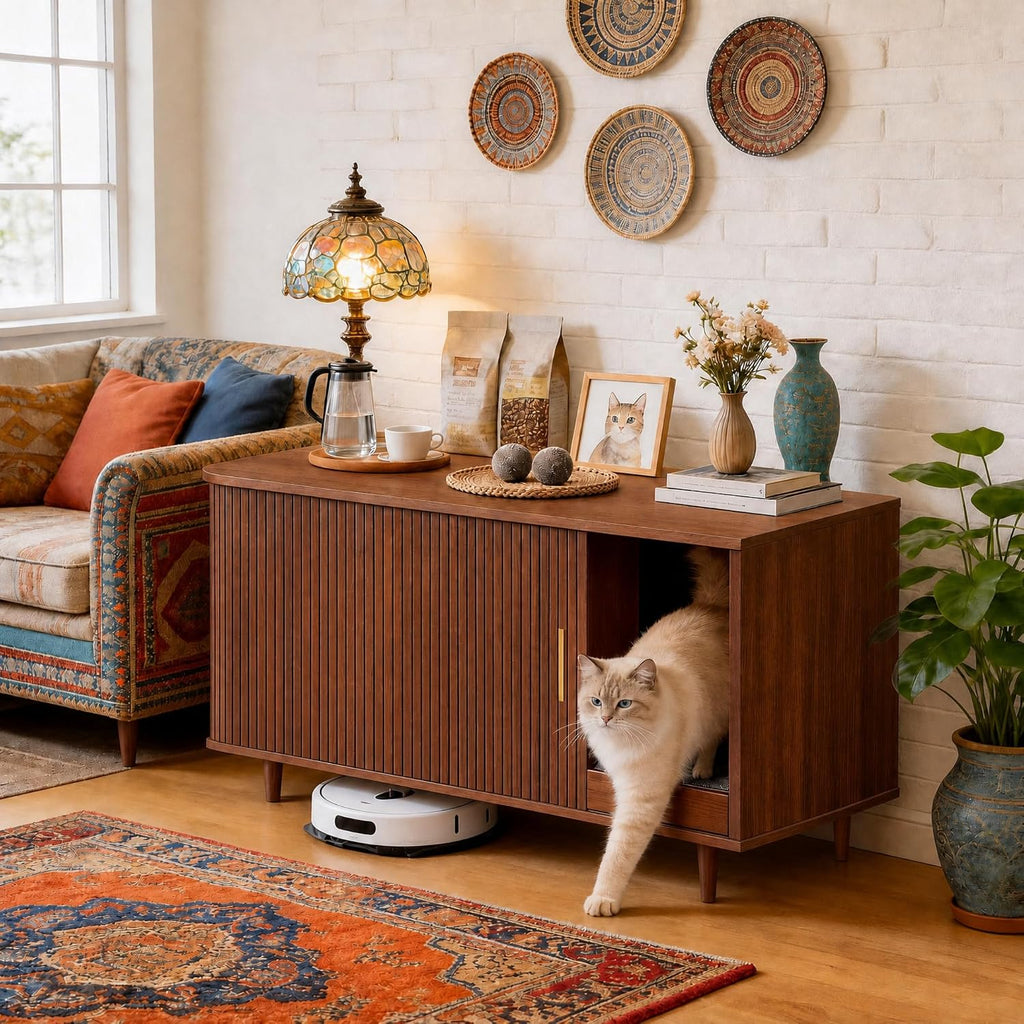 Cat Litter Box Enclosure with Scratch Pad, Sliding Door, 38.5" Cat Litter Furniture Hidden Litter Box Cabinet, Modern