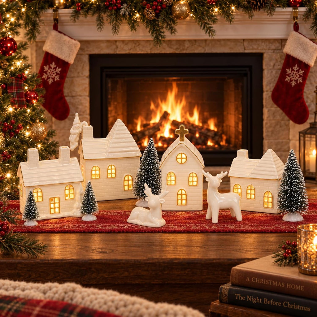 Christmas Village Set, 16-Piece Ceramic Light Up Houses and Pine Trees