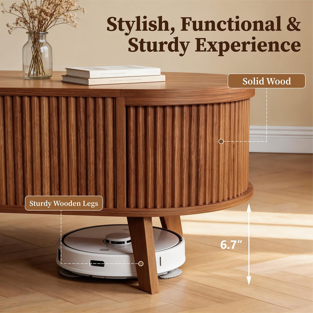 39.4" Oval Fluted Coffee Table with Lift Top, Hidden Storage, Walnut