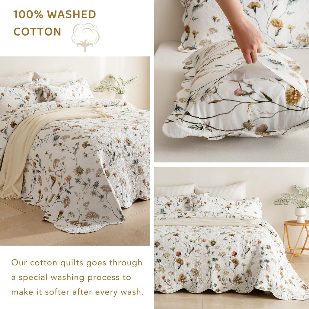 100% Cotton Floral Bedspread(120"x120"), Watercolor Wildflower Botanical Quilt Set 3Pcs Soft Neutral