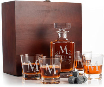 Personalized Whiskey Decanter Set - 9 Design Options - Limited Edition, Custom Liquor Decanter | 25 Oz, 750ml - Set of 4