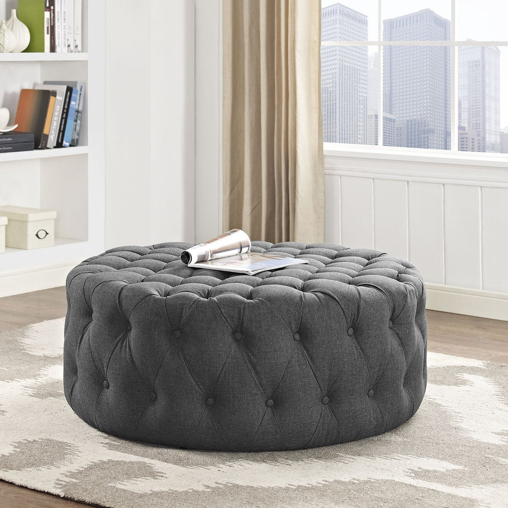 GRYAmourFabric Upholstered Button-Tufted RoundOttomanGray