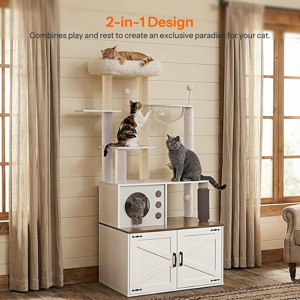 Cat Tree with Litter Box Enclosure, 65.7'' Modern Cat Tower, 2-in-1 Cat Furniture with Cat Condo, Food Station