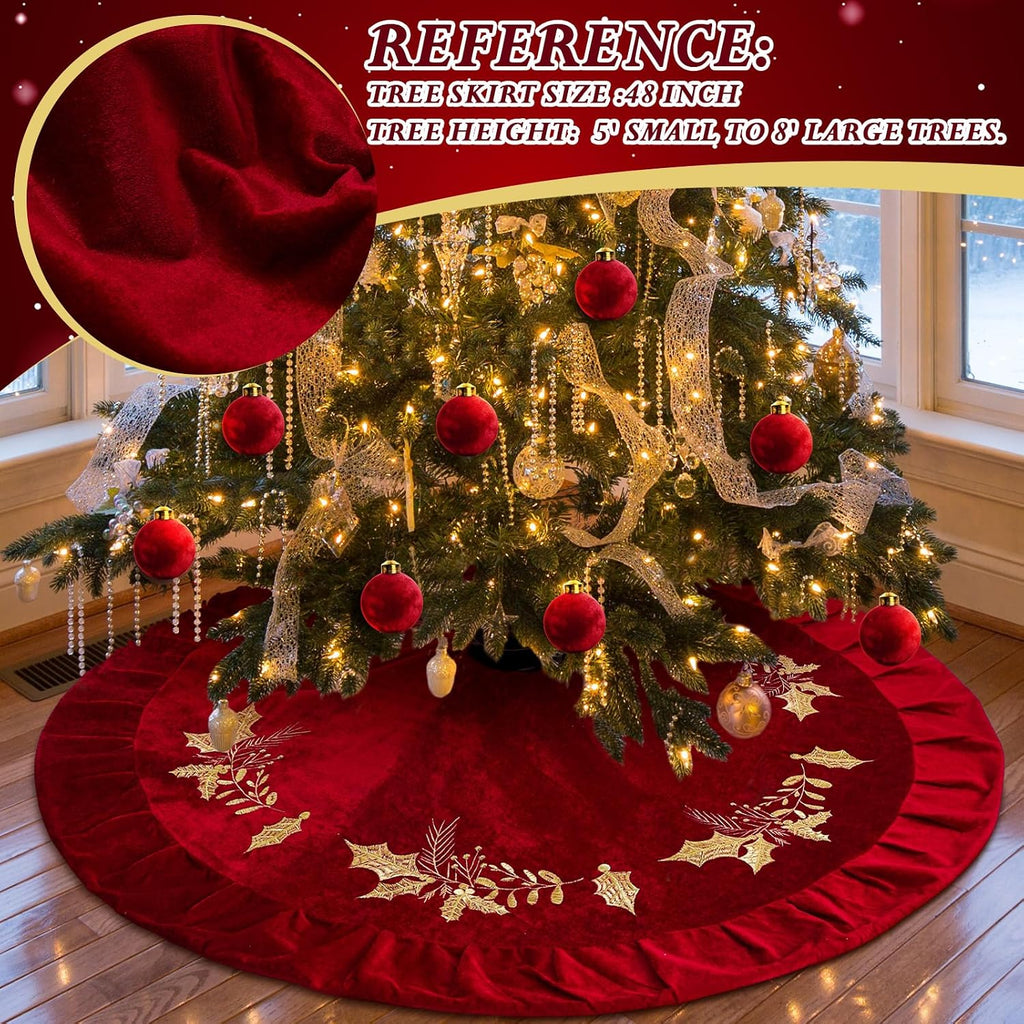 Christmas Tree Skirt, 48 Inches, Gold Embroidered Holly Style, Red