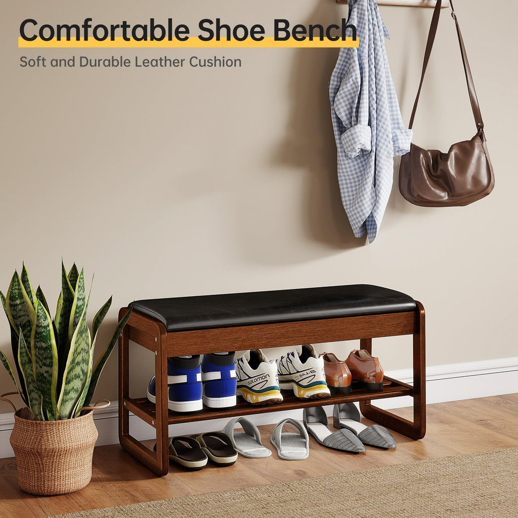 Shoe Rack Bench with Flip-Top Storage, Solid Rubberwood 2-Tier Shoe Organizer with Cushion, Wooden Shoe Stand